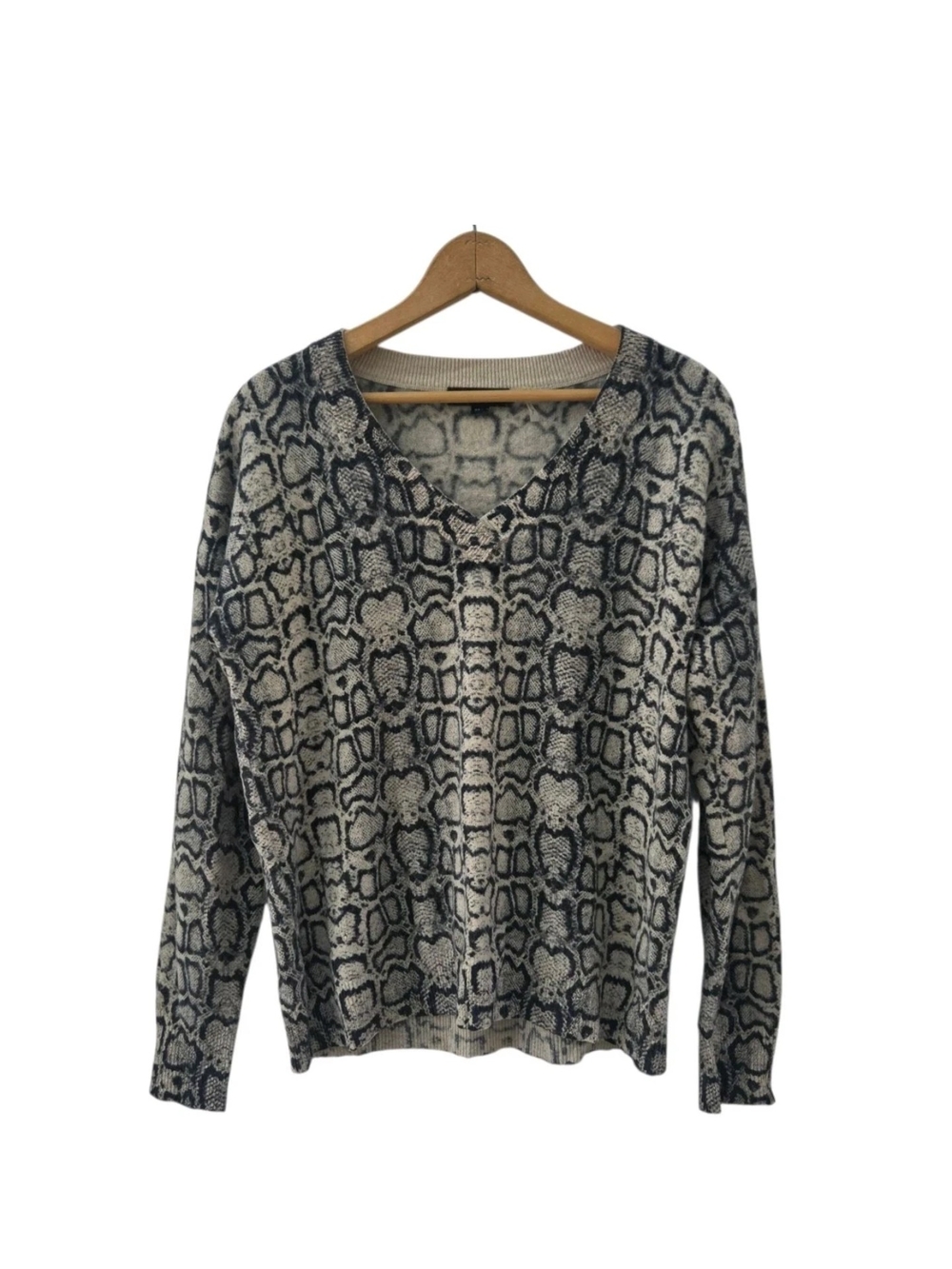 Repeat 100% Cashmere Taupe and Black Python Print V-Neck Sweater Size S